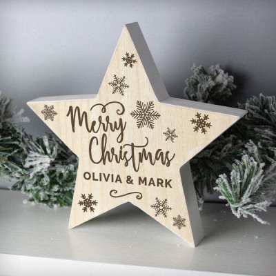 Personalised Merry Christmas Rustic Wooden Star Decoration (image for) Personalised Merry Christmas Rustic Wooden Star Decoration
