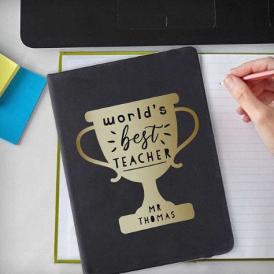 Personalised Worlds Best Teacher Trophy Black Hardback Notebook (image for) Personalised Worlds Best Teacher Trophy Black Hardback Notebook