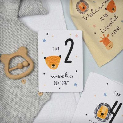 (image for) Personalised Scandi Safari Animals Milestone Cards in Drawstring Bag