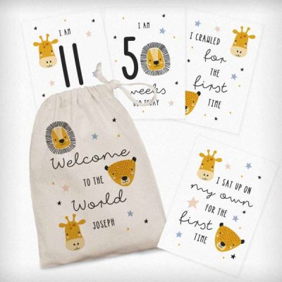 (image for) Personalised Scandi Safari Animals Milestone Cards in Drawstring Bag