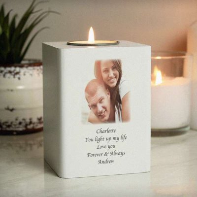 (image for) Personalised Photo Upload White Wooden Tea light Holder