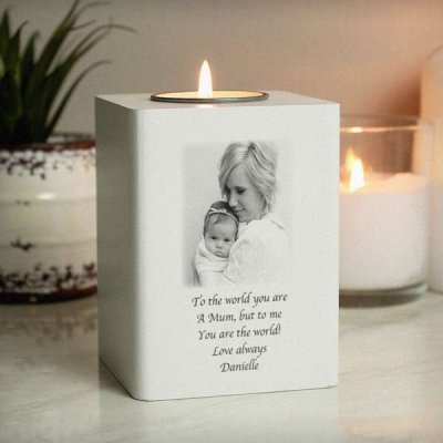 (image for) Personalised Photo Upload White Wooden Tea light Holder