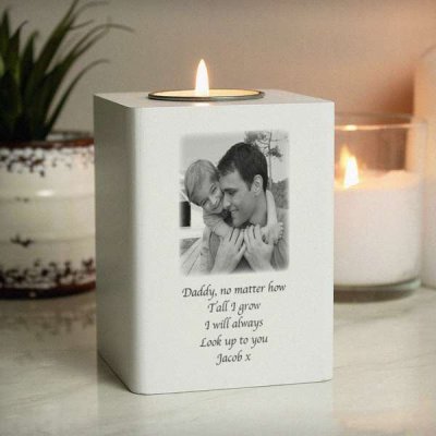 (image for) Personalised Photo Upload White Wooden Tea light Holder