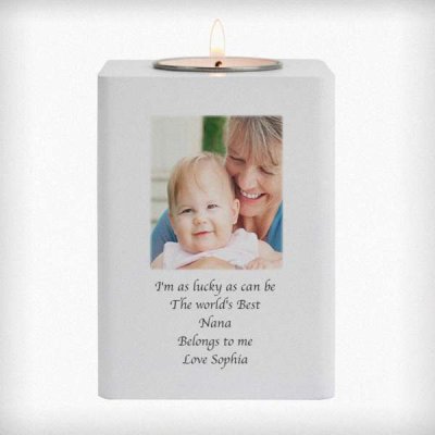 (image for) Personalised Photo Upload White Wooden Tea light Holder