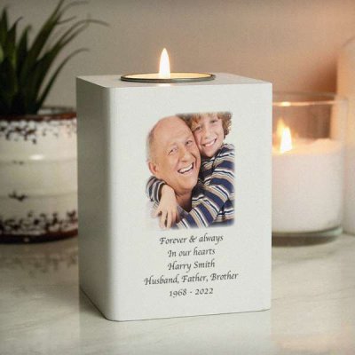 (image for) Personalised Photo Upload White Wooden Tea light Holder