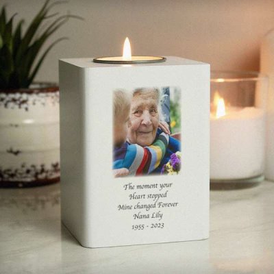 (image for) Personalised Photo Upload White Wooden Tea light Holder