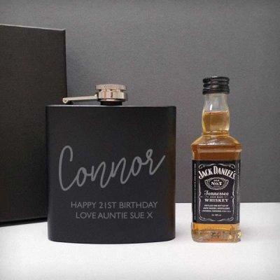 (image for) Personalised Free Text Hipflask and Whiskey Miniature Set