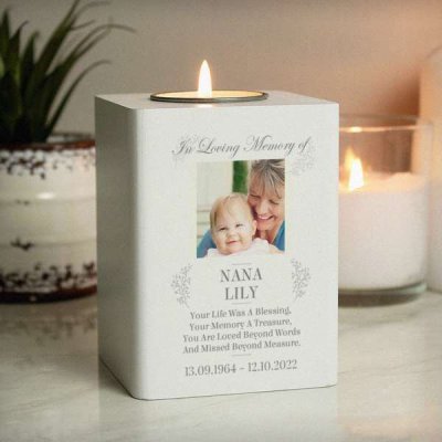 (image for) Personalised Memorial Photo Upload White Wooden Tea light Holder