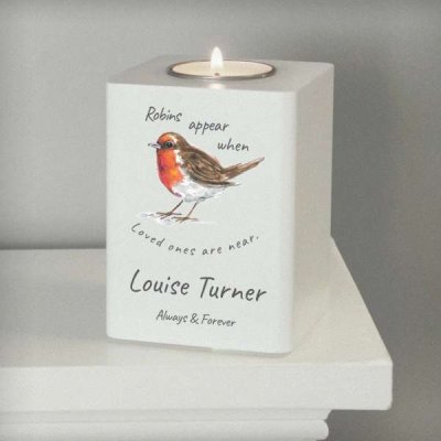 (image for) Personalised Robins Appear White Wooden Tea light Holder