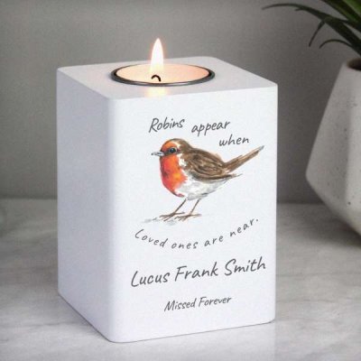 (image for) Personalised Robins Appear White Wooden Tea light Holder