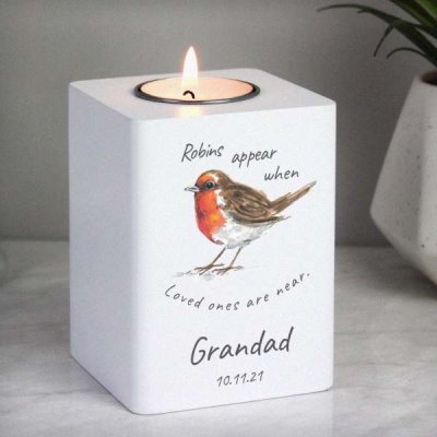 (image for) Personalised Robins Appear White Wooden Tea light Holder