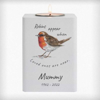 (image for) Personalised Robins Appear White Wooden Tea light Holder