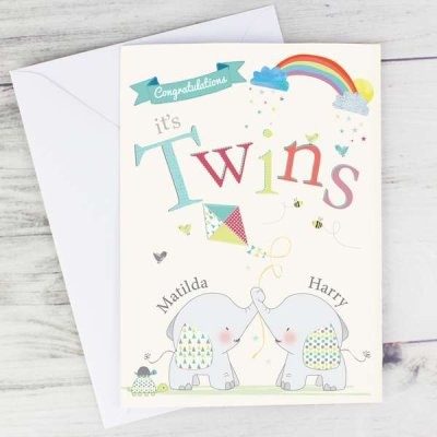 Personalised Hessian Elephant Twins Card (image for) Personalised Hessian Elephant Twins Card