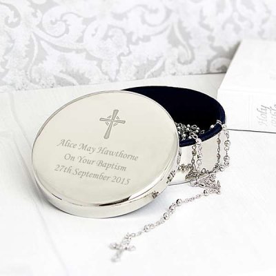 (image for) Personalised Rosary Beads and Cross Round Trinket Box