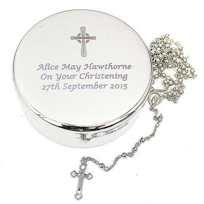 (image for) Personalised Rosary Beads and Cross Round Trinket Box