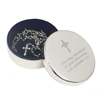 (image for) Personalised Rosary Beads and Cross Round Trinket Box