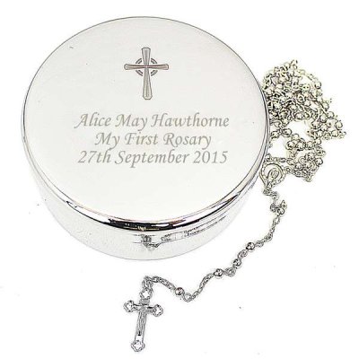 (image for) Personalised Rosary Beads and Cross Round Trinket Box