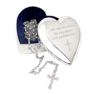 (image for) Personalised Rosary Beads and Cross Heart Trinket Box