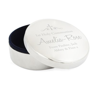 (image for) Personalised Religious Swirls & Hearts Round Trinket Box