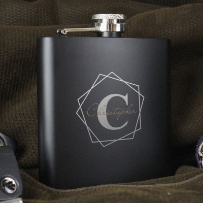 (image for) Personalised Geometric Initial Black Hip Flask