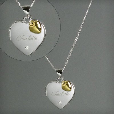 (image for) Personalised Sterling Silver Heart Locket Necklace with Diamond and 9ct Gold Charm