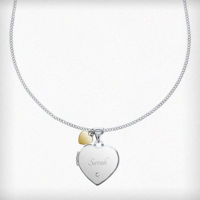 (image for) Personalised Sterling Silver Heart Locket Necklace with Diamond and 9ct Gold Charm