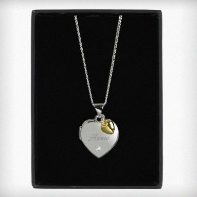 (image for) Personalised Sterling Silver Heart Locket Necklace with Diamond and 9ct Gold Charm