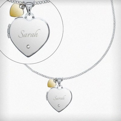 (image for) Personalised Sterling Silver Heart Locket Necklace with Diamond and 9ct Gold Charm