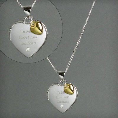 (image for) Personalised Sterling Silver Heart Locket Necklace with Diamond and 9ct Gold Charm