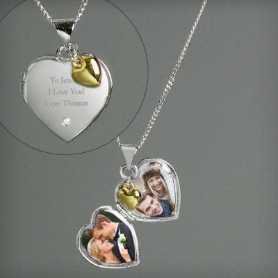 (image for) Personalised Sterling Silver Heart Locket Necklace with Diamond and 9ct Gold Charm