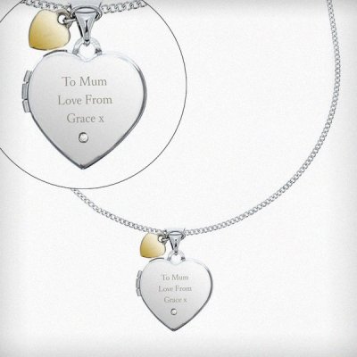 (image for) Personalised Sterling Silver Heart Locket Necklace with Diamond and 9ct Gold Charm