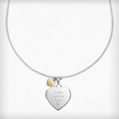 (image for) Personalised Sterling Silver Heart Locket Necklace with Diamond and 9ct Gold Charm