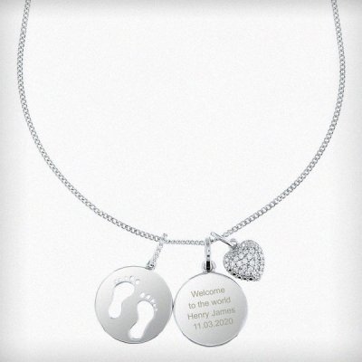 (image for) Personalised Sterling Silver Footprints and Cubic Zirconia Heart Necklace