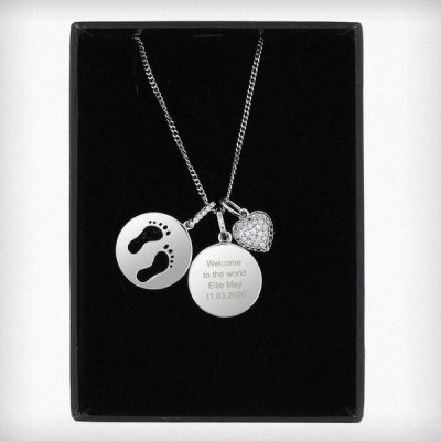 (image for) Personalised Sterling Silver Footprints and Cubic Zirconia Heart Necklace