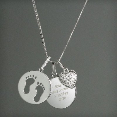 (image for) Personalised Sterling Silver Footprints and Cubic Zirconia Heart Necklace