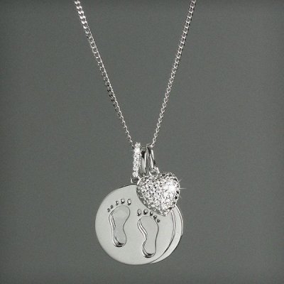 (image for) Personalised Sterling Silver Footprints and Cubic Zirconia Heart Necklace