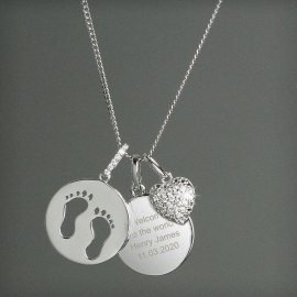 (image for) Personalised Sterling Silver Footprints and Cubic Zirconia Heart Necklace