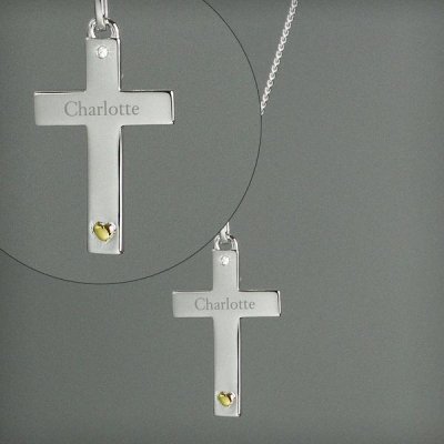 (image for) Personalised Sterling Silver Cross with 9ct Gold Heart & CZ Necklace