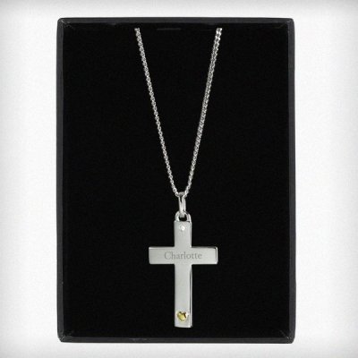 (image for) Personalised Sterling Silver Cross with 9ct Gold Heart & CZ Necklace