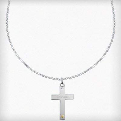 (image for) Personalised Sterling Silver Cross with 9ct Gold Heart & CZ Necklace