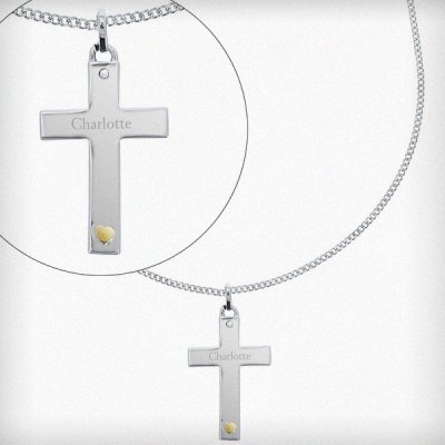 (image for) Personalised Sterling Silver Cross with 9ct Gold Heart & CZ Necklace