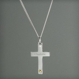 (image for) Personalised Sterling Silver Cross with 9ct Gold Heart & CZ Necklace