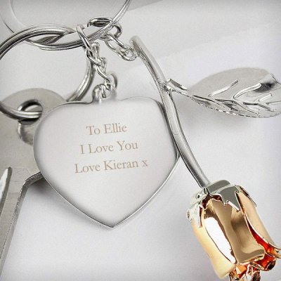 (image for) Personalised Silver Plated Rose Gold Rose Keyring