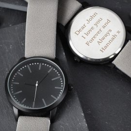 (image for) Personalised Mens Matte Black Watch with Grey Strap and Presentation Box