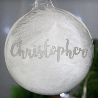 (image for) Personalised Silver Glitter Name Only Feather Glass Bauble