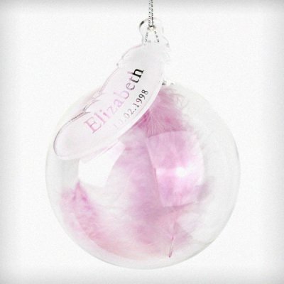 (image for) Personalised Name & Date Pink Feather Glass Bauble