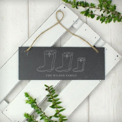 (image for) Personalised Welly Boot Family of Three Hanging Slate Plaque