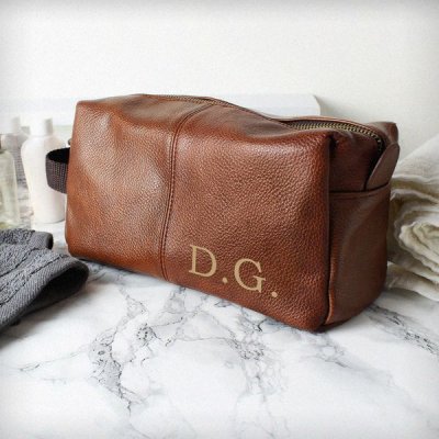 (image for) Personalised Luxury Initials Brown Leatherette Wash Bag