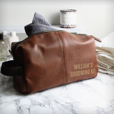 (image for) Personalised Luxury Brown leatherette Wash Bag