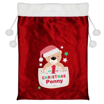 (image for) Personalised Pocket Teddy My 1st Christmas Pom Pom Sack